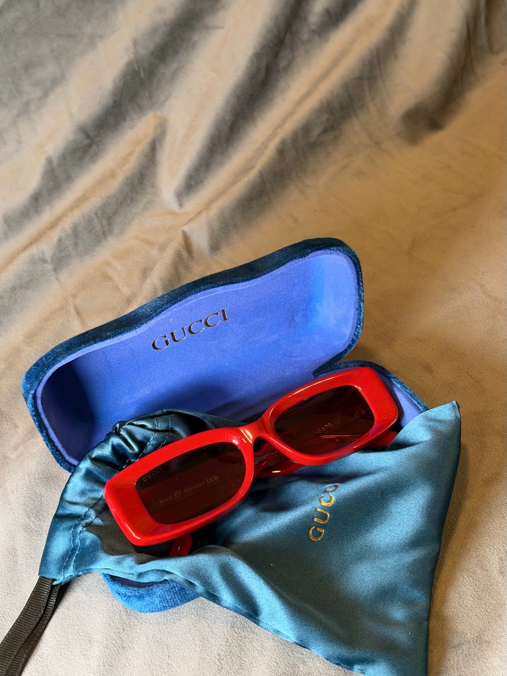 Gucci Red Rectangular Sunglasses with Blue Case
